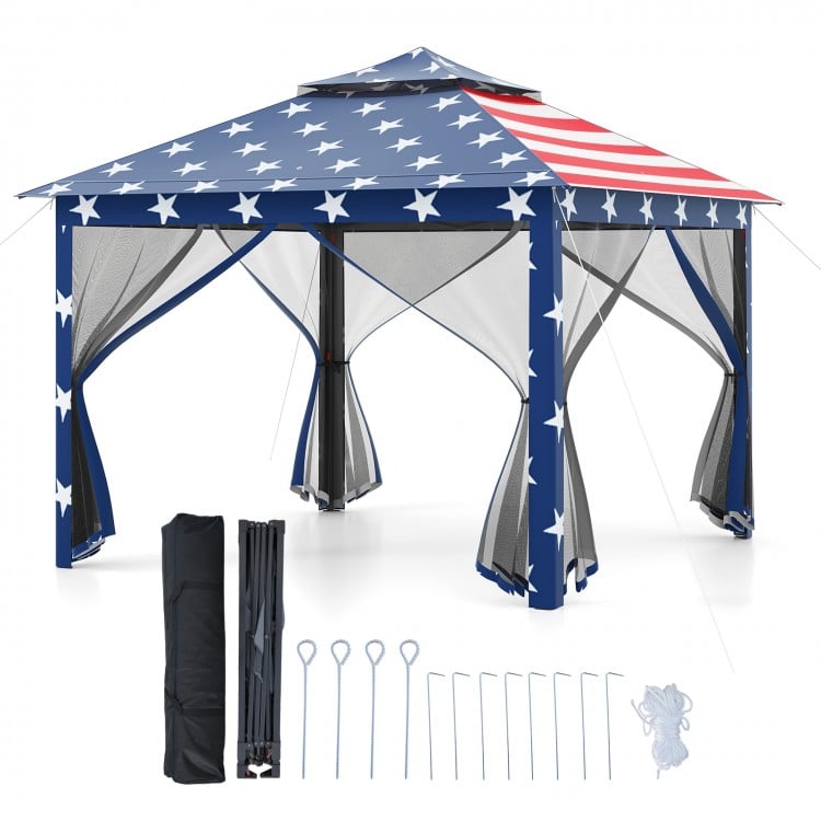 11x11 feet pop-up gazebo tent with mesh screens, blue star design, perfect for outdoor shade and insect protection.