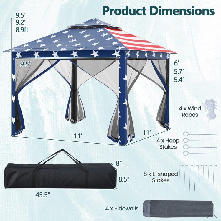 11x11 feet pop-up gazebo tent with blue mesh screens, double vented roof, and portable carry bag for outdoor events.