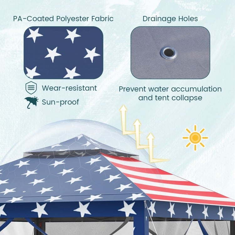 Close-up of the 11 x 11 feet pop-up gazebo tent featuring a double vented roof, drainage holes, and star-patterned.