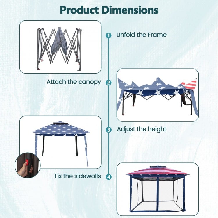 Pop-up gazebo tent with blue mesh canopy, adjustable height, and extended cornice for 121 sq ft of shade. Perfect for.