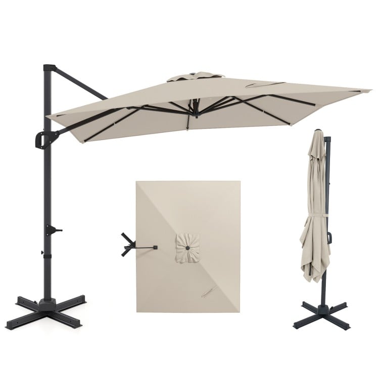 Beige 11 x 9 FT cantilever patio umbrella with 360° rotation and easy tilt adjustment for outdoor shade.