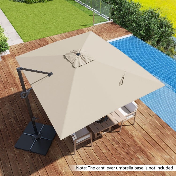 Beige 11 x 9 FT cantilever patio umbrella with 360° rotation and tilt adjustment, perfect for outdoor shading.