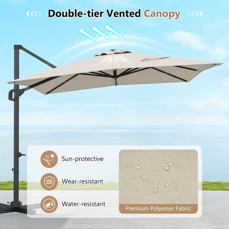 11 x 9 FT cantilever patio umbrella in beige with a double-tier vented canopy for sun protection and easy tilt.