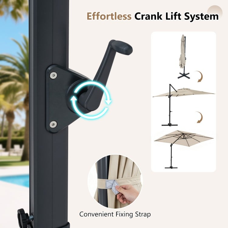 Cantilever patio umbrella crank lift system with 360° rotation and beige fabric for easy outdoor shade adjustment.