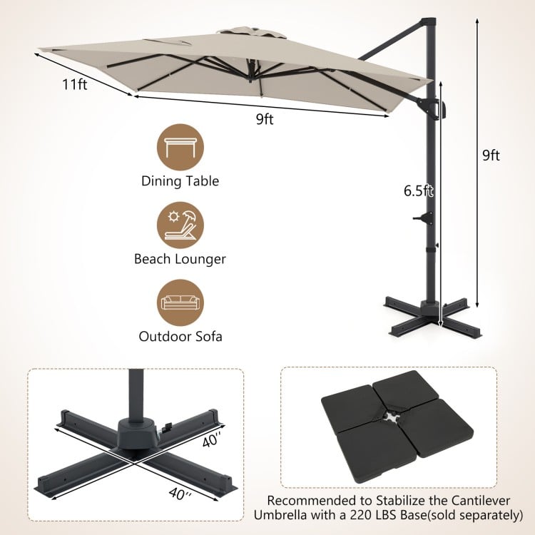 11 x 9 FT cantilever patio umbrella in beige with 360° rotation and tilt adjustment, perfect for outdoor dining and.