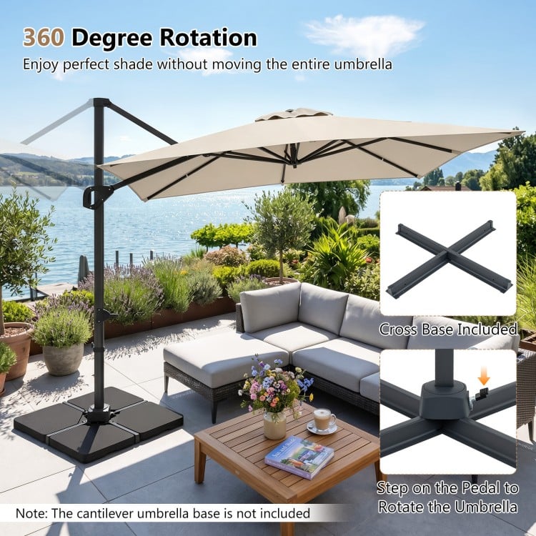 Beige 11 x 9 FT cantilever patio umbrella with 360° rotation, positioned over a stylish outdoor seating area.