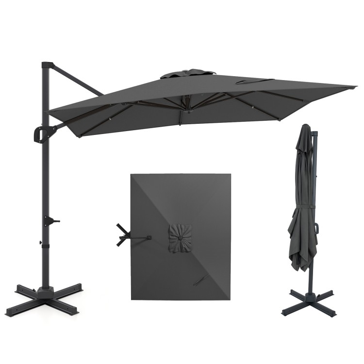 Gray 11 x 9 FT cantilever patio umbrella with 360° rotation and easy tilt adjustment for versatile outdoor shade.
