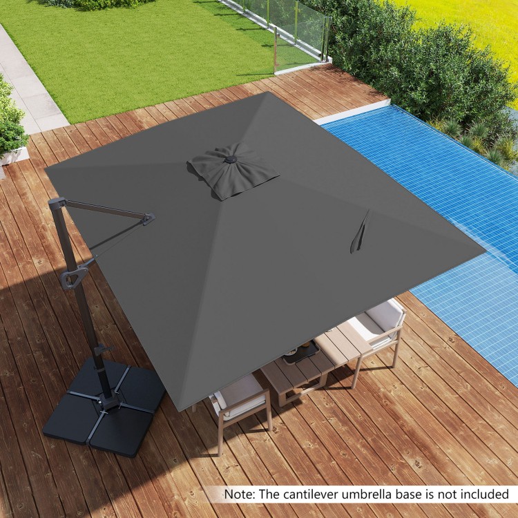 Gray 11 x 9 FT cantilever patio umbrella shown from above, featuring 360° rotation and easy tilt adjustment for optimal.