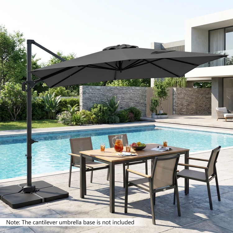 Gray 11 x 9 FT cantilever patio umbrella positioned by the pool, showcasing its 360° rotation and stylish double-tier.