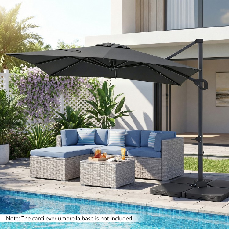 Gray 11 x 9 FT cantilever patio umbrella with 360° rotation, easy tilt adjustment, and sturdy aluminum pole for outdoor.
