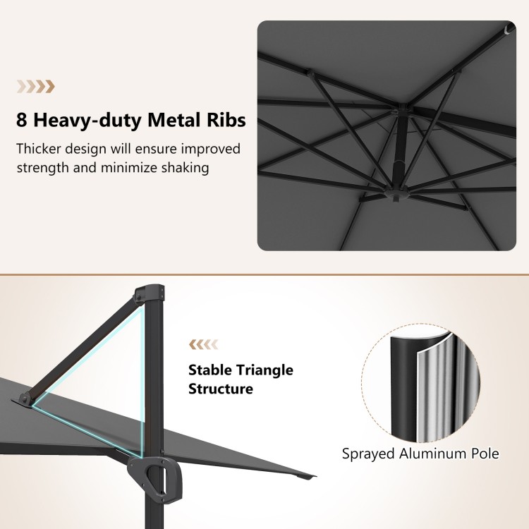 Heavy-duty metal ribs and stable triangle structure of the 11 x 9 FT gray cantilever patio umbrella for durable support.