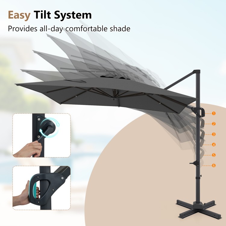 Gray 11 x 9 FT cantilever patio umbrella with easy tilt system and 360° rotation for all-day shade and stability.
