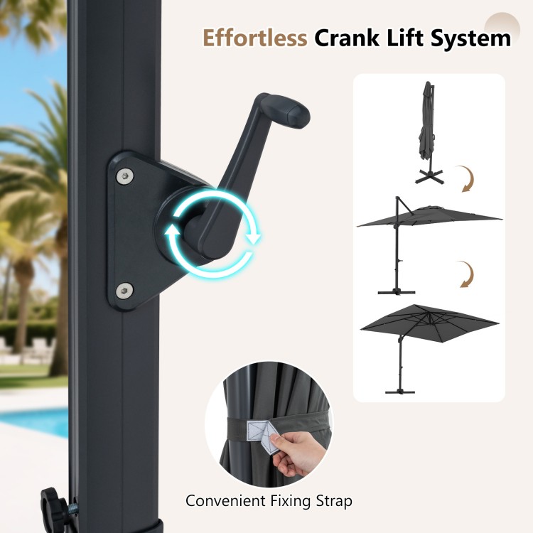 Cantilever patio umbrella with 360° rotation and crank lift system, featuring a gray double-tier canopy for optimal.