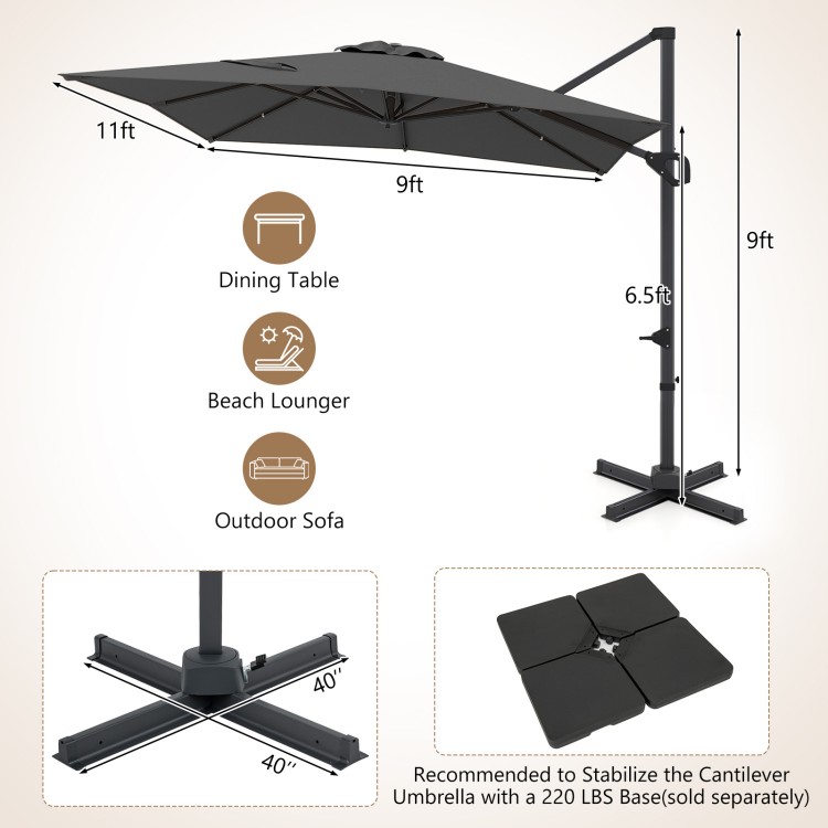 11 x 9 FT gray cantilever patio umbrella with 360° rotation and easy tilt adjustment for outdoor shade.