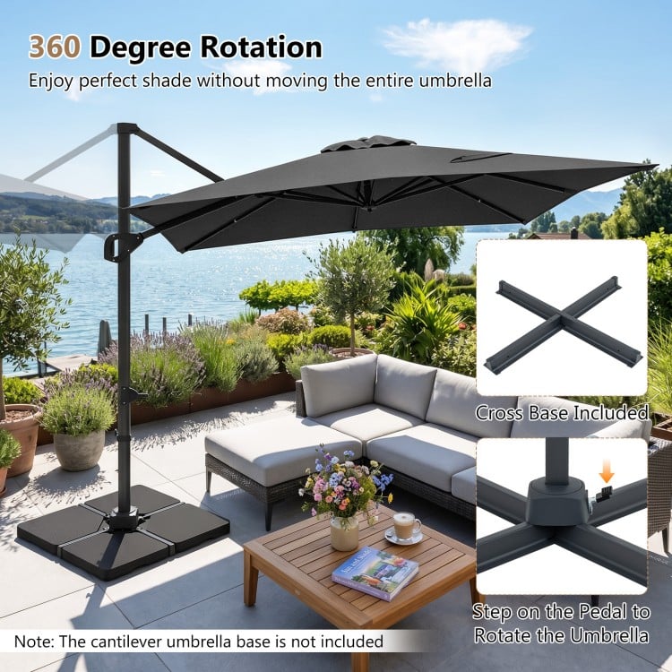 Gray 11 x 9 FT cantilever patio umbrella with 360° rotation, featuring a double-tier vented canopy for stability.