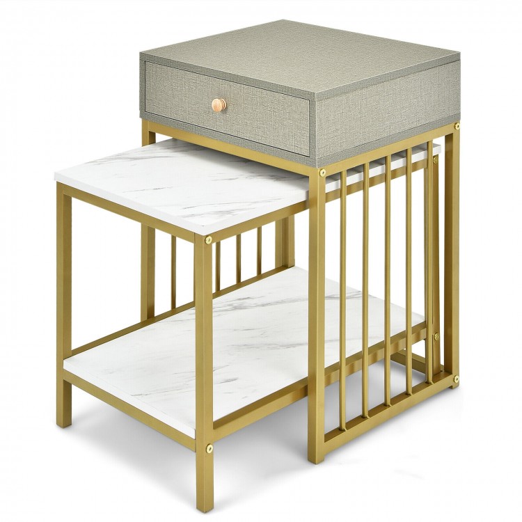 Nesting coffee table set featuring a faux marble top, gold sprayed steel frame, and a side table with drawer for.