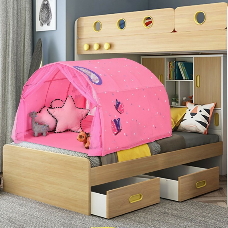 Pink kids play tent with starry sky design, made of peach skin fabric, ideal for indoor games and bedroom decor.