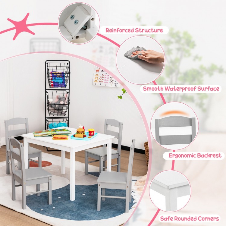 Kids 5-piece table and chair set in white, featuring smooth waterproof surfaces and safe rounded corners for playroom.