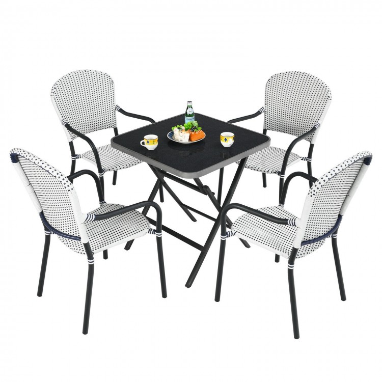 Set of 4 white stackable patio rattan dining chairs with armrests, perfect for outdoor use in garden or backyard.