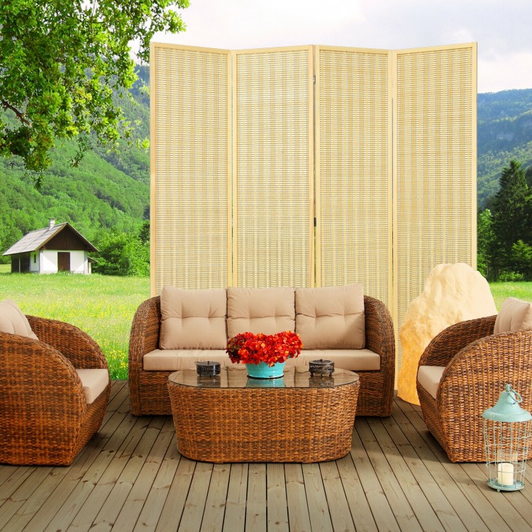 Portable folding room divider screen in natural color, featuring sturdy frames and tightly woven design for optimal.
