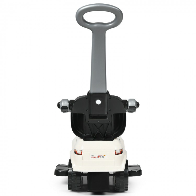 3-in-1 ride-on push car in white with removable parental handle, music steering wheel, and spacious storage for.