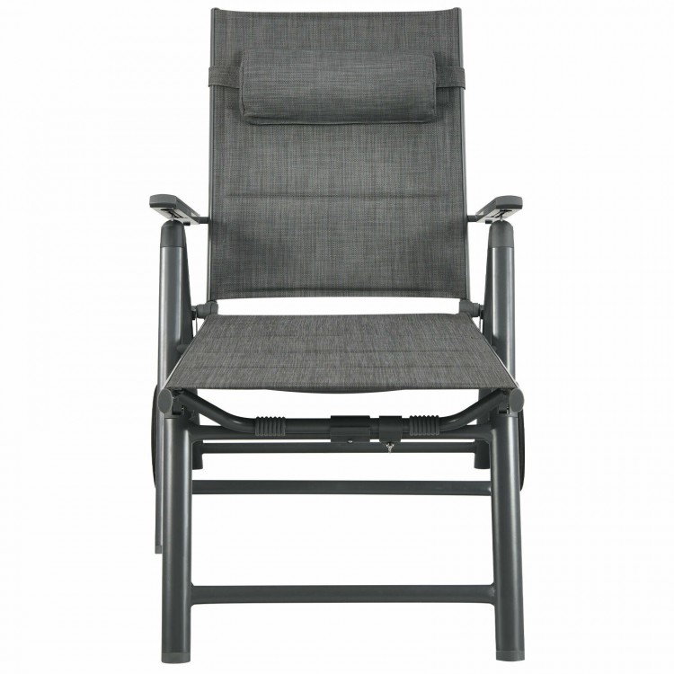 Front view of gray patio reclining chaise lounge with adjustable neck pillow and breathable fabric, ideal for.