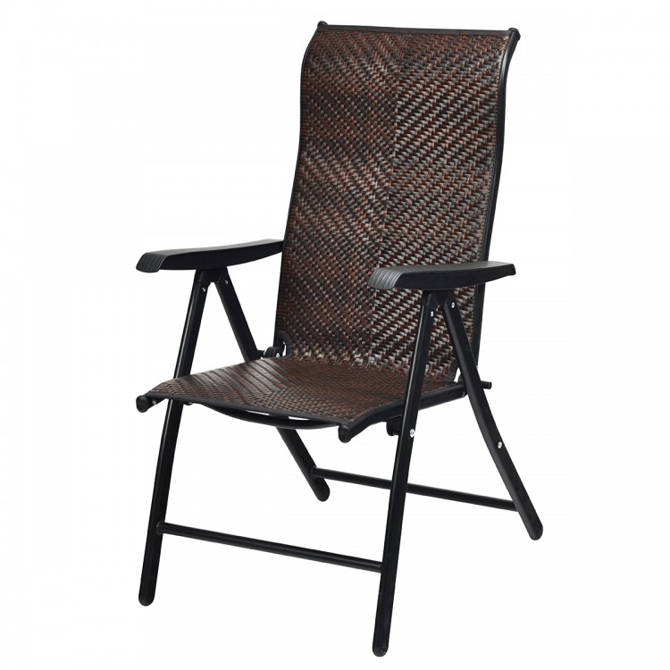 Folding rattan reclining chair with adjustable backrest, made of durable PE rattan and steel, ideal for outdoor.