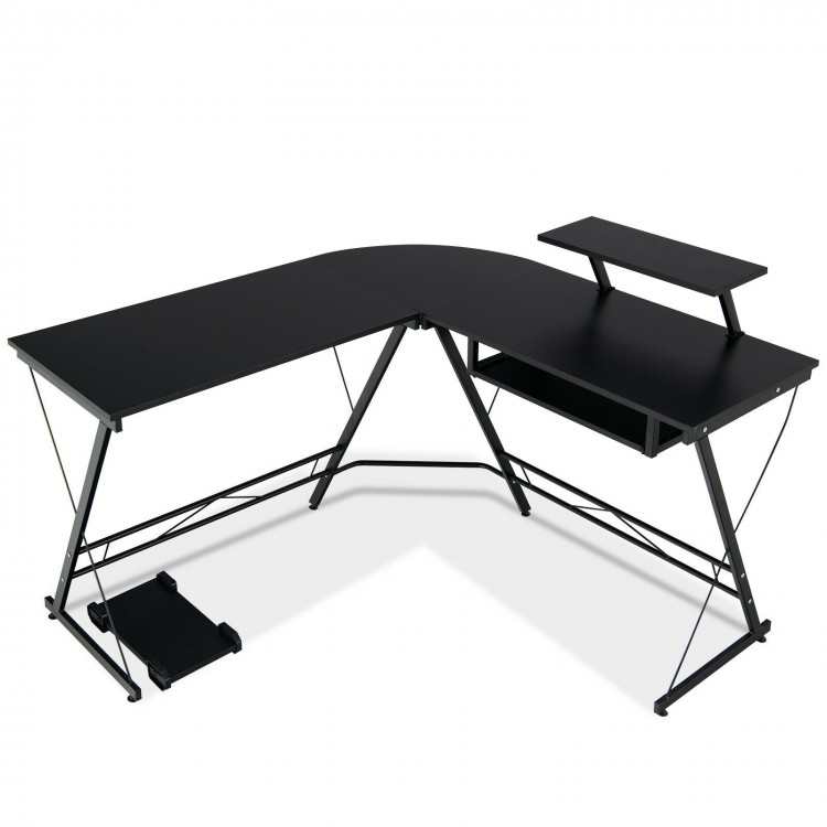 L-shaped black computer desk with removable monitor stand and pull-out keyboard tray, perfect for space-saving office.