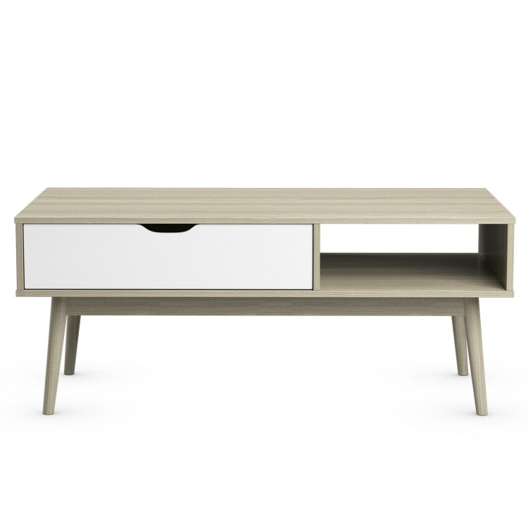 Gray coffee cocktail accent table showcasing a spacious tabletop and sturdy rubber wood legs, ideal for living room use.
