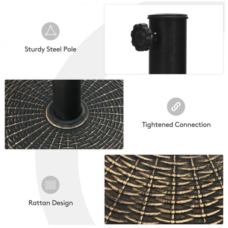Rattan design detail of the 27 lbs patio market umbrella base stand with sturdy steel pole and tightened connection.