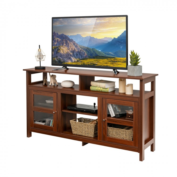 58-inch brown TV stand with 2 cabinets, open shelves, and space for up to 65" TVs, perfect for living room decor.