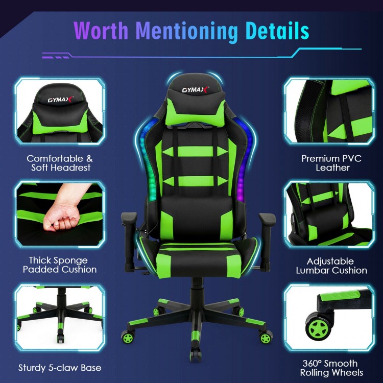 Adjustable swivel gaming chair in green with RGB lights, ergonomic design, and thick padded cushion for ultimate.