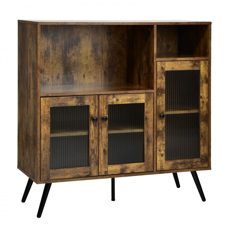 Rustic brown buffet kitchen storage cupboard showcasing two door cabinets with corrugated tempered glass for elegant.