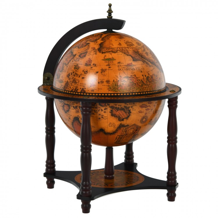 23-inch globe wine bar stand in brown, featuring elegant retro design and stable wooden legs, ideal for wine storage.
