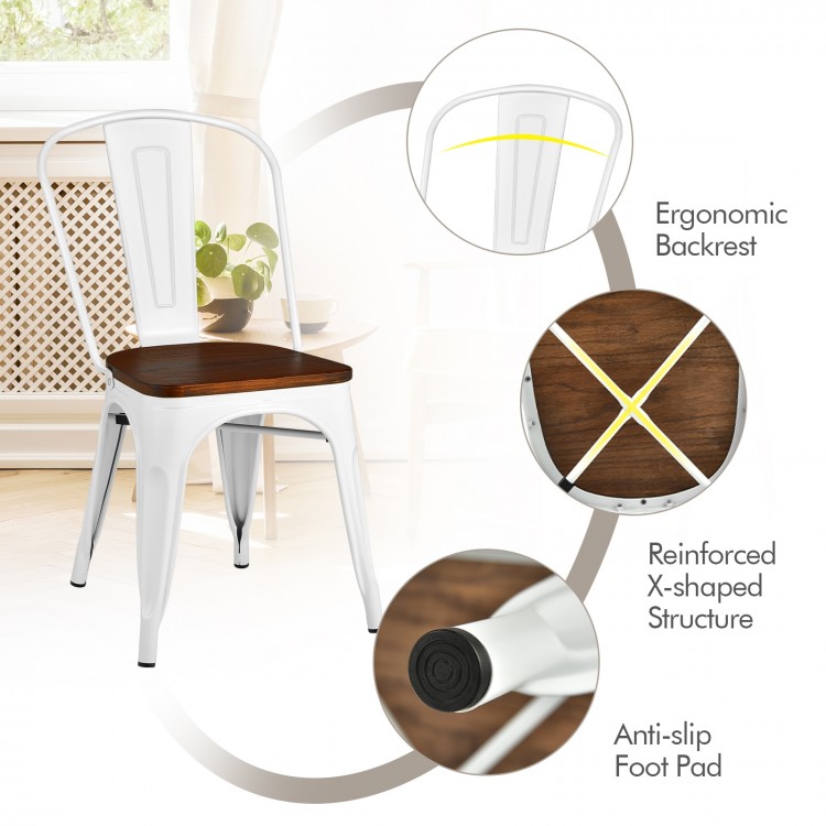 Tolix style metal dining chair with white finish, ergonomic backrest, and solid elm seat for kitchen or cafe use.