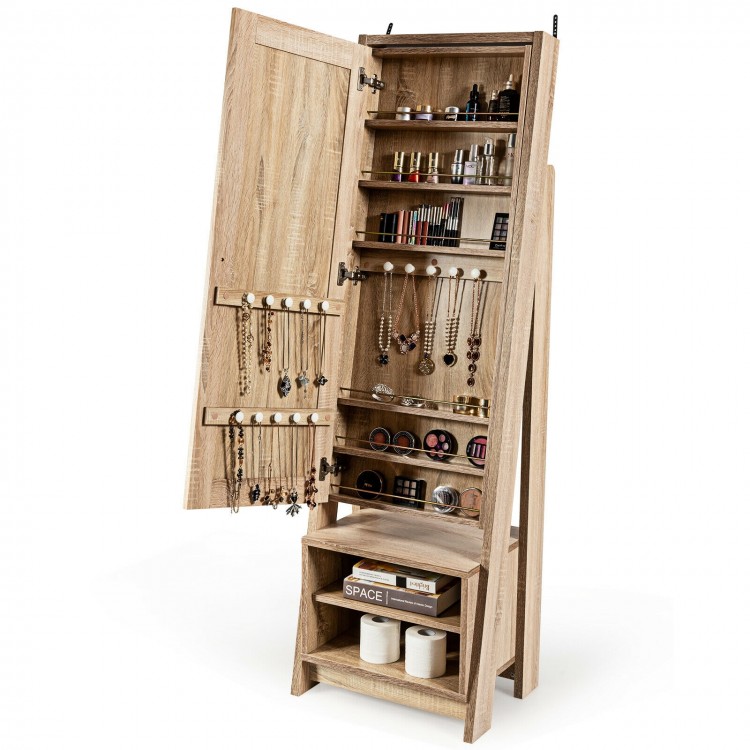 Interior layout of the freestanding wooden cosmetics storage cabinet, featuring organized jewelry on shelves and hooks.