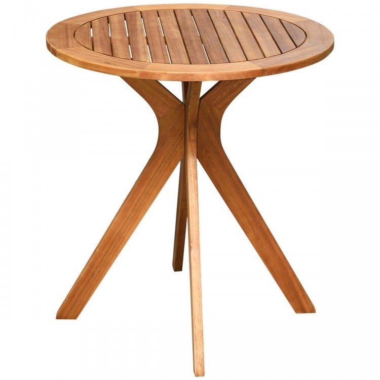 Round 27-inch solid wood bistro table with X-shaped legs, varnished for waterproofing, ideal for outdoor and indoor use.