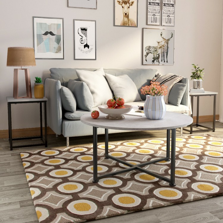 Round faux marble coffee table with two square side tables, featuring a sturdy X-shaped steel base for living room.