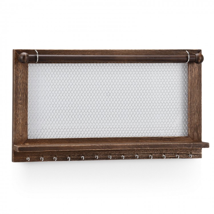 Wall mounted jewelry rack made of pine wood with removable bracelet rod and metal hooks for organized storage.