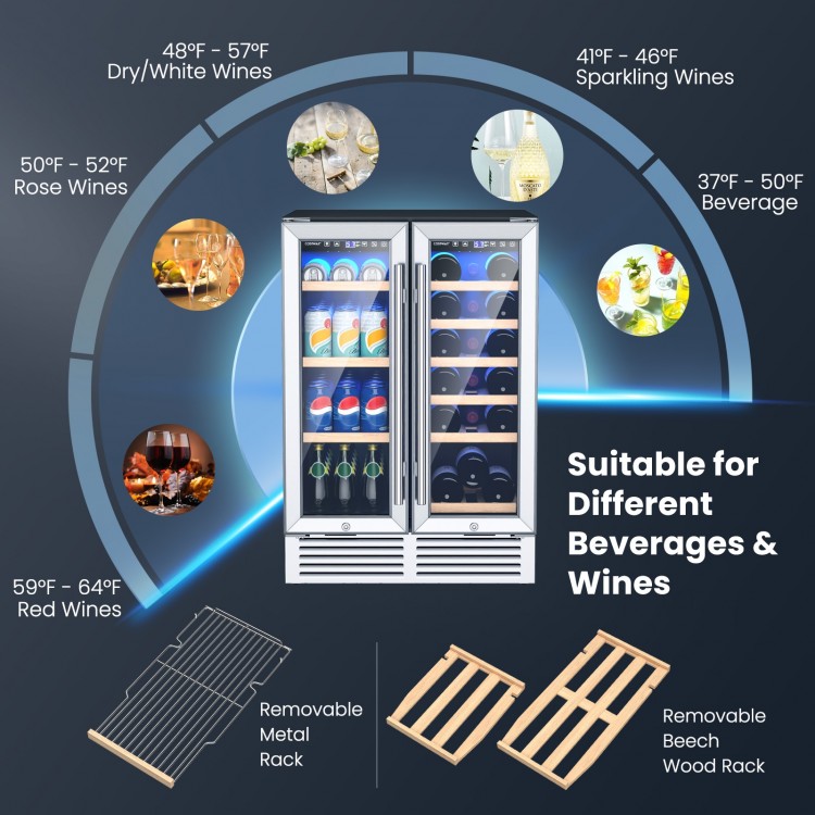 24-inch dual-zone wine and beverage cooler with clear glass doors, holding 18 wine bottles and 57 cans, ideal for home.