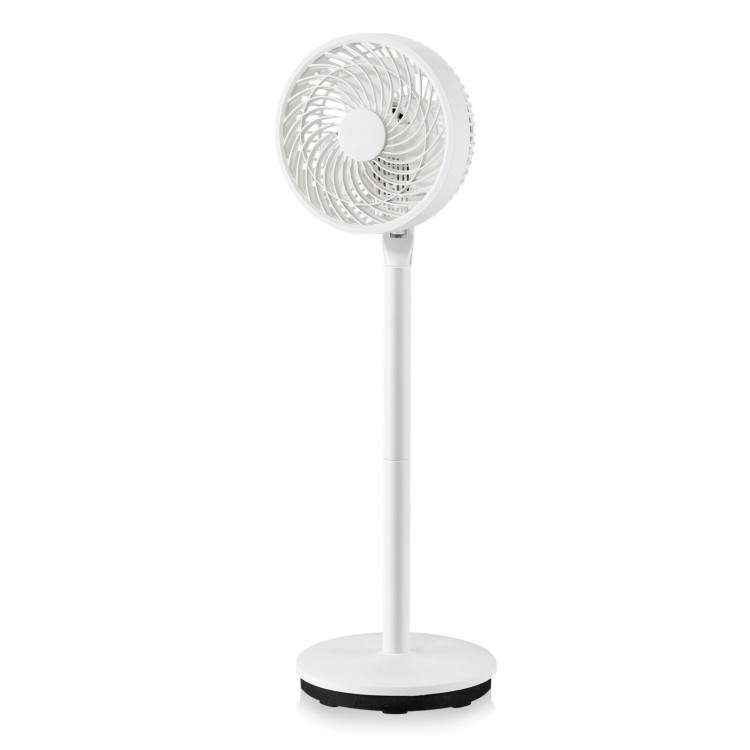 9-inch portable oscillating pedestal floor fan in white with adjustable height, 3 speeds, and remote control for home.