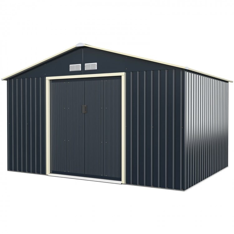 Gray 11 x 8 feet metal storage shed featuring a sloped roof and 4 ventilation vents for effective outdoor storage.