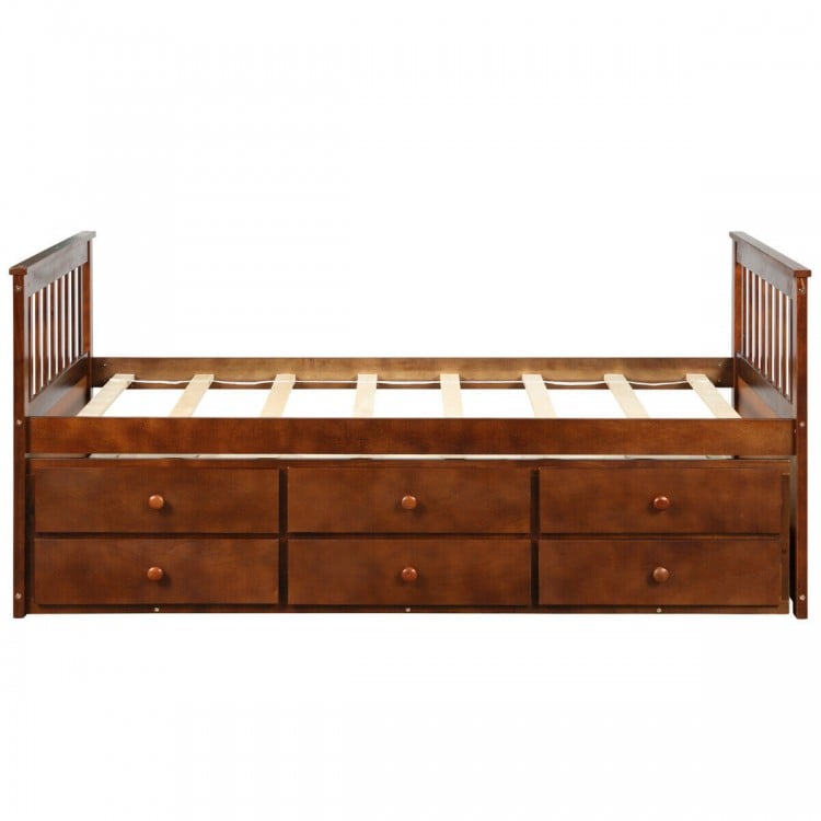 Twin Captain’s bed in walnut with pull-out trundle and three storage drawers, perfect for kids' rooms or guest.