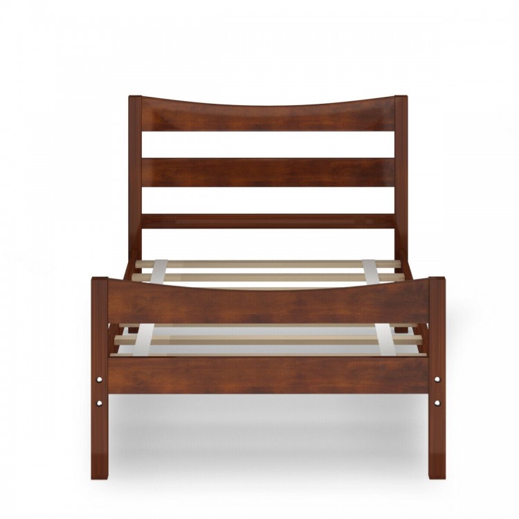 Twin size platform bed frame in walnut with slat support, featuring a solid wood design and ample under-bed storage.