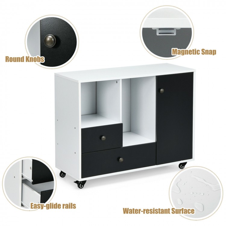 Lateral mobile filing cabinet in black and white with 2 drawers, 2 shelves, and wheels for easy mobility and storage.