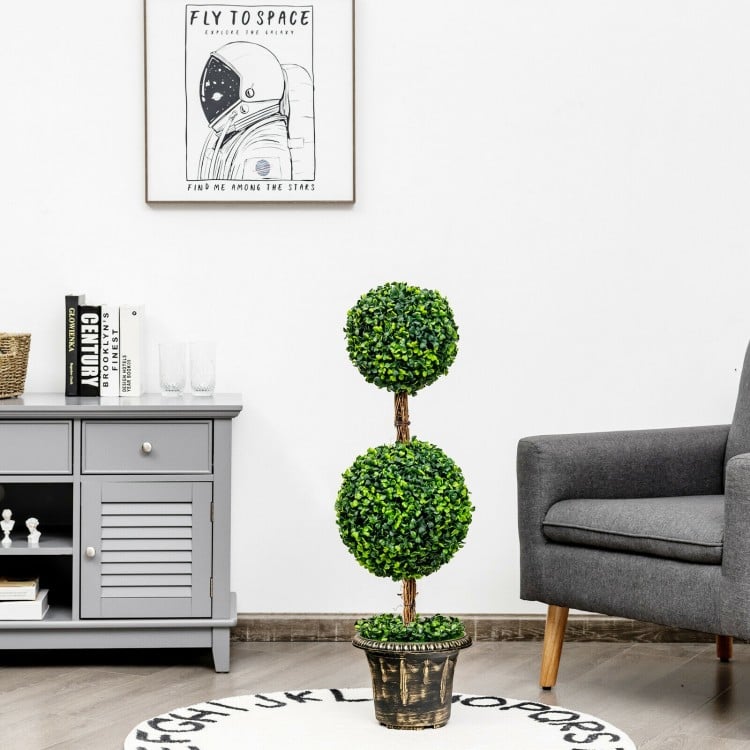 Artificial double ball tree with UV protection, featuring deep green PE leaves and a stable cement-filled base for.