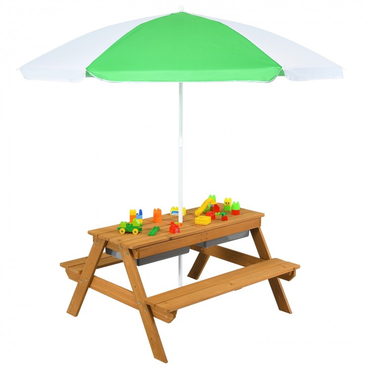Kids outdoor picnic table with green umbrella, featuring 2 detachable play boxes for sand and water activities.