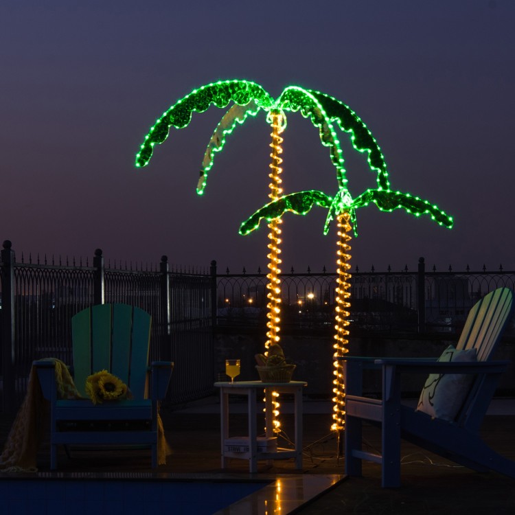 LED pre-lit palm tree decor with green leaves and warm lights, perfect for outdoor patio or festive celebrations.