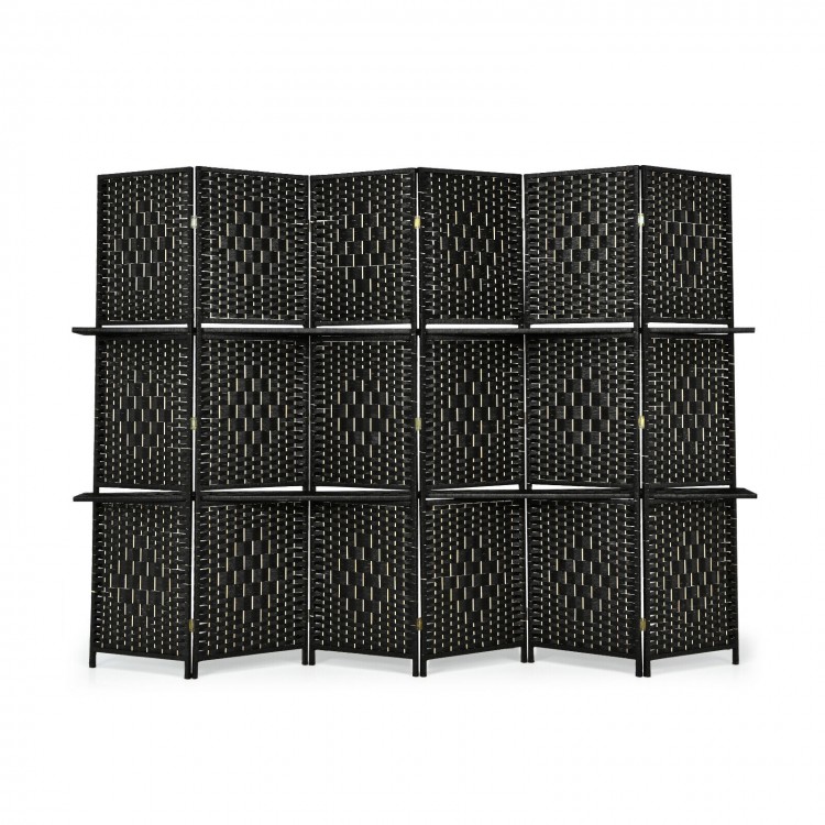 Black 6-panel folding room divider featuring hand-woven fiber design and two shelves, ideal for stylish room separation.
