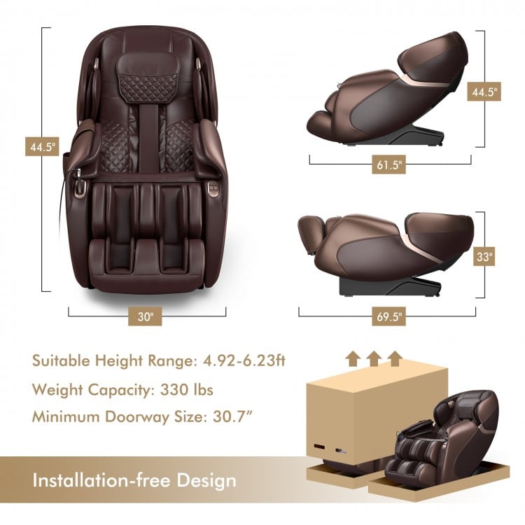 Zero gravity Shiatsu massage chair in brown, featuring heating, air massage, and space-saving design for relaxation.